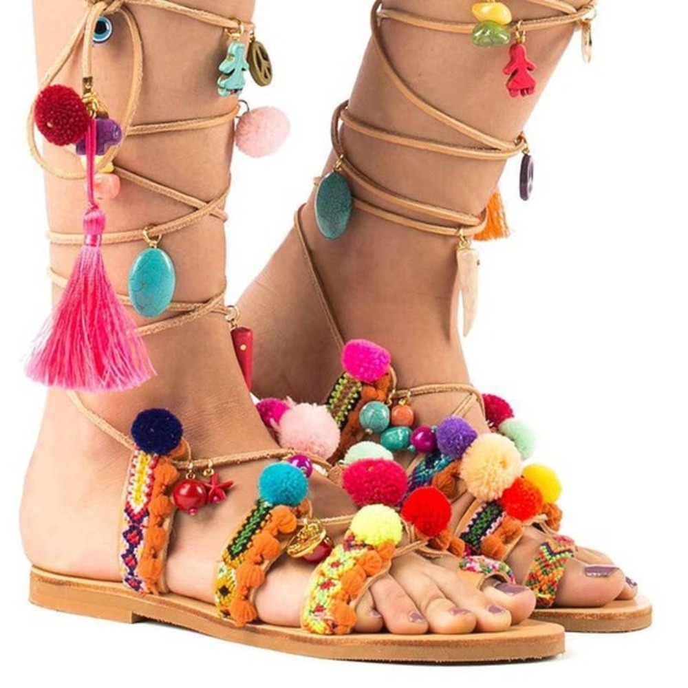 Elina Linardaki Penny Lane Pom Pom Gladiator Lace Open Toe Sandals
